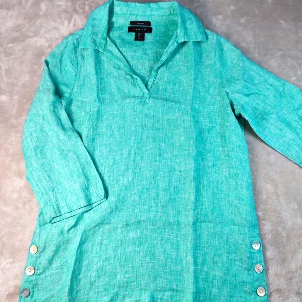 TAHARI 100% Linen Popover Shirt Women's Mother of Pearl Button Sides #043